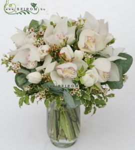 rustic white bouquet of tulips, wax and orchids (21 stems + vase)