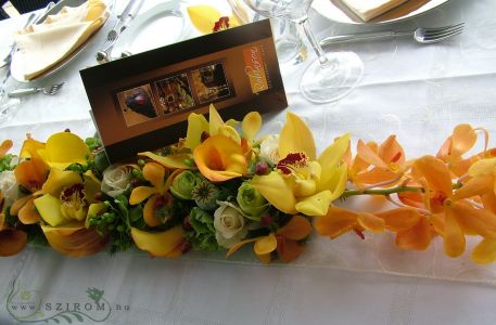 Main table centerpiece with orange orchids, Robinson Restaurant  Budapest, wedding