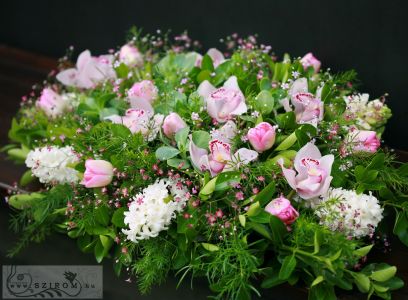 Main table centerpiece (tulip, baby's breathe, hyacinth, orchid, pink), wedding