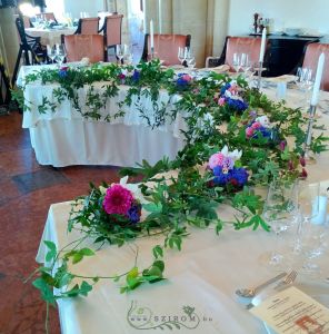 Main table centerpiece (purple, pink, blue, passion flower, hydrangea, lisianthus, dahlia) Fishermans Bastion, wedding