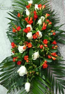 Main table centerpiece (freesia, rose, red, white), wedding