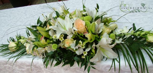 Main table centerpiece (roses, alstromeries, pompoms, santinis, lilies, dendrobium, cymbidiums, white, green, peach), Ybl Palace, wedding