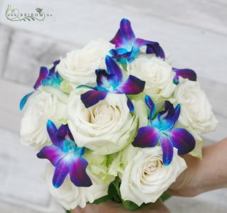 10 white roses with blue dendrobium orchids