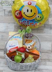 Jobbulást ajándékkosár (keksz, tea, csoki, gyümölcs, maci, lufi)