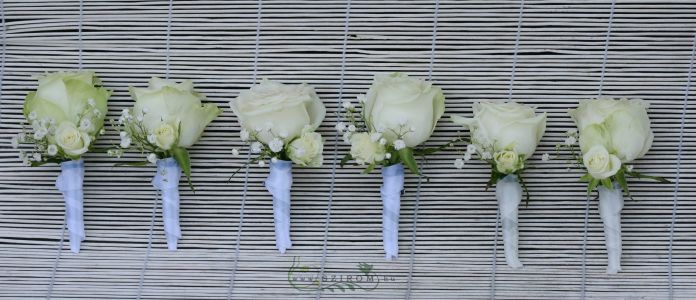 Boutonniere of spray roses, roses and baby's breath (white and creme) 1pc