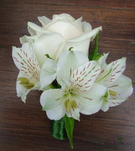 Boutonniere of rose with alstromeries (white)