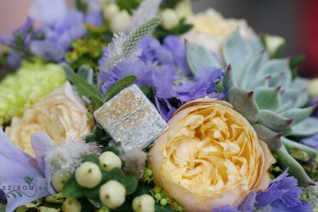 bridal bouquet with scabios, vuvuzela roses (carnation, veronica, lathyrus, hypericum, blue, green, orange)