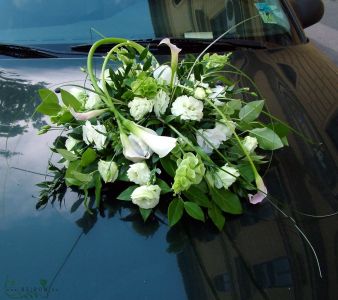 round car flower arrangement with lisianthus (white, green, cala)