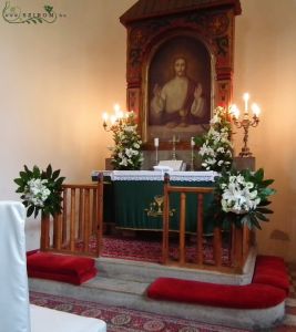 templom díszítés (liliom, liziantusz, fehér), esküvő