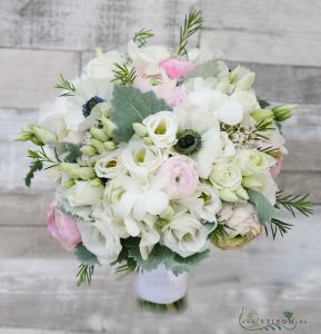 Bridal bouquet with dendrobium, lisianthus, anemone, ranunculus (white, pink)