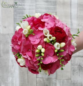 Bridal bouquet with hydrangea, freesia, ranunculus. (pink, white) winter, april