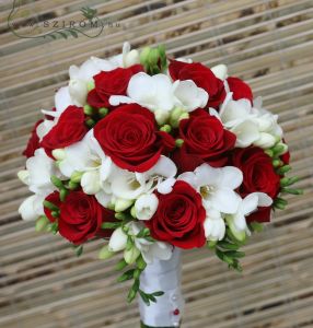 Bridal bouquet with red roses, and freesias (red, white)