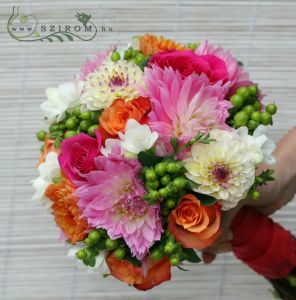 Bridal Bouquet with Colored Dali (Hiperikum, Rose, Dali, Frise, Green, Orange, Pink) summer, autumn