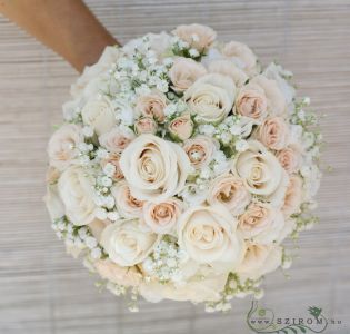 Bridal bouquet with roses, spray roses, lisianthusses, baby's breath. (white, peach)