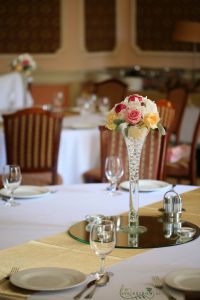 Tall vase centerpiece with hydrangeas Podmaniczky Palace, (pink, peach, white), wedding