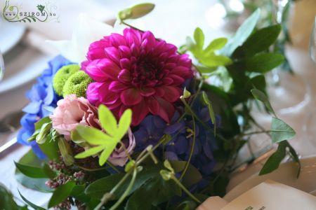 Centerpiece with golgota 1m, Fishermen's Bastion Budapest Restaurant (blue, purple, dahlia, hydrangea), wedding