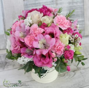Centerpiece in small tin vase (pink, alstromeries, carnations, spray roses, lisianthusses), wedding