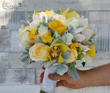 Bridal bouquet light grey, yellow (Calla, fresia, orchid, rose, white, yellow)