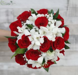 Bridal bouquet with red roses and white dendrobium orchids