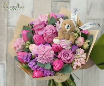 Pink - purple bouquet with spring flowers and roses, with teddy (22 stems)