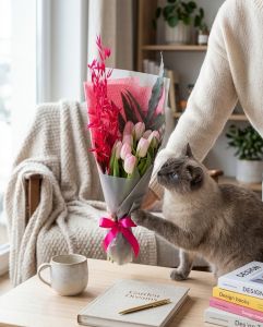 9 tulips with blue fern and dried flowers
