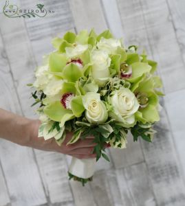 Bridal bouquet with rose and cymbidium orchid (green, white)
