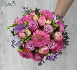 Bridal bouquet with dahlia, rose, fresia (purple, pink)