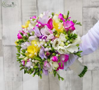 Bridal bouquet made of freesia with decor pearls (yellow, pink, purple)
