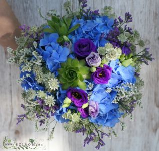 Bridal bouquet (lisianthus, succulent, hydrangea, astrantia, statice, blue,purple) summer, autumn, winter