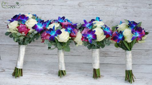 Bridal bouquet (rose, dendrobium orchid, blue, white, pink) 1 piece