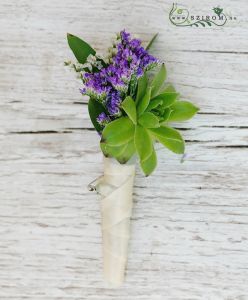 Boutonniere of statice and succulent (purple, green, white)