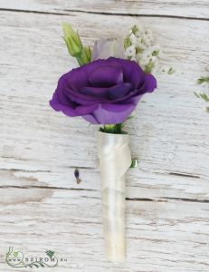 Boutonniere of lisianthus and statice (purple, white)