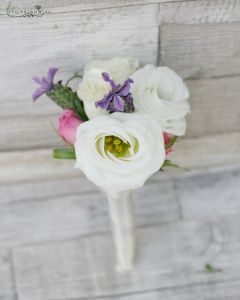 Boutonniere of spray rose, lisianthus, lavander (white, pink, purple)