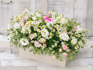 Flower arrangement with tiny flowers (lisianthus, spray rose, chamomile, white, pink ), wedding