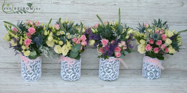 Romantic table decoration with field flowers 1 pc (liziantus, spray rose, eringium, veronica, chamomile, pink, creme) Pavillon de Paris Budapest, wedding