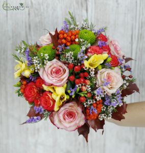  bridal bouquet (rose, hyperum, spray roses, chrysanthemum, wax, freesia, orange, yellow, green)
