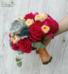 bridal bouquet (rose, english rose, sempervivum, eryngium, red, peach)