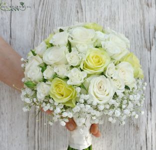 bridal bouquet (roses, spray roses, baby breath, white, yellow)