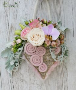 bridal bag bouquet (roses, spray roses, phalaenopsis orchid, lizianthus, pink)