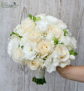bridal bouquet (lizianthus, roses, baby breath, freesia, white, peach)