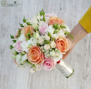 bridal bouquet (spray roses, roses,freesia, lizianthus, peach, white, pink)