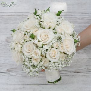bridal bouquet ( roses, spray roses, baby breath, cream )