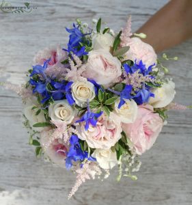 bridal bouquet (david austin roses, delphinium, astilbe, roses,  blue, pink )