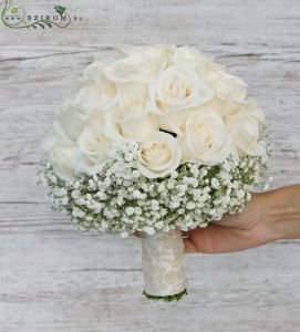 bridal bouquet (rose, baby breath, cream, white )