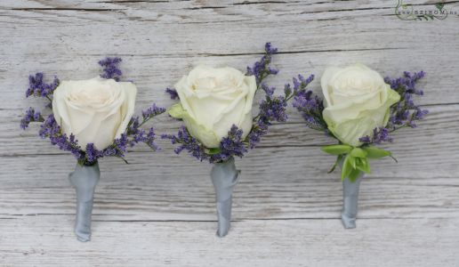 Boutonniere of rose and statice (white, purple) 1pc