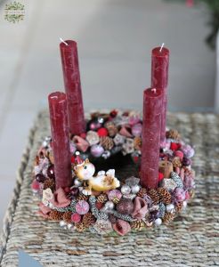 Adventi koszorú nagy, cicával, bordó (30cm)