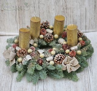 Adventskranz mit goldenen Kerzen auf  Kiefer (35cm)