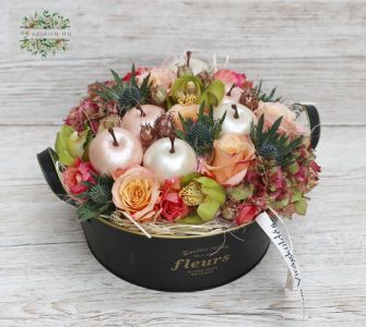  Blumenschale mit Äpfeln, Orchideen, Rosen, Hortensien (13 stielen)