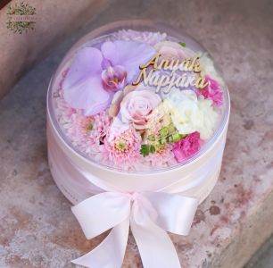 Mother's Day flower box with plexiglass lid, orchid, rose