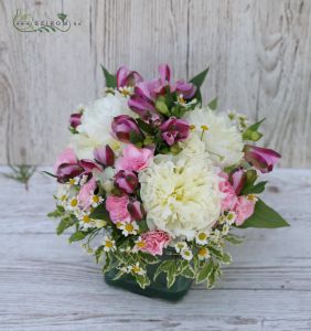 Blumenarrangement in einem Glaswürfel (Pfingstrose, Alstroemeria, Kamille, Weiß, Rosa)